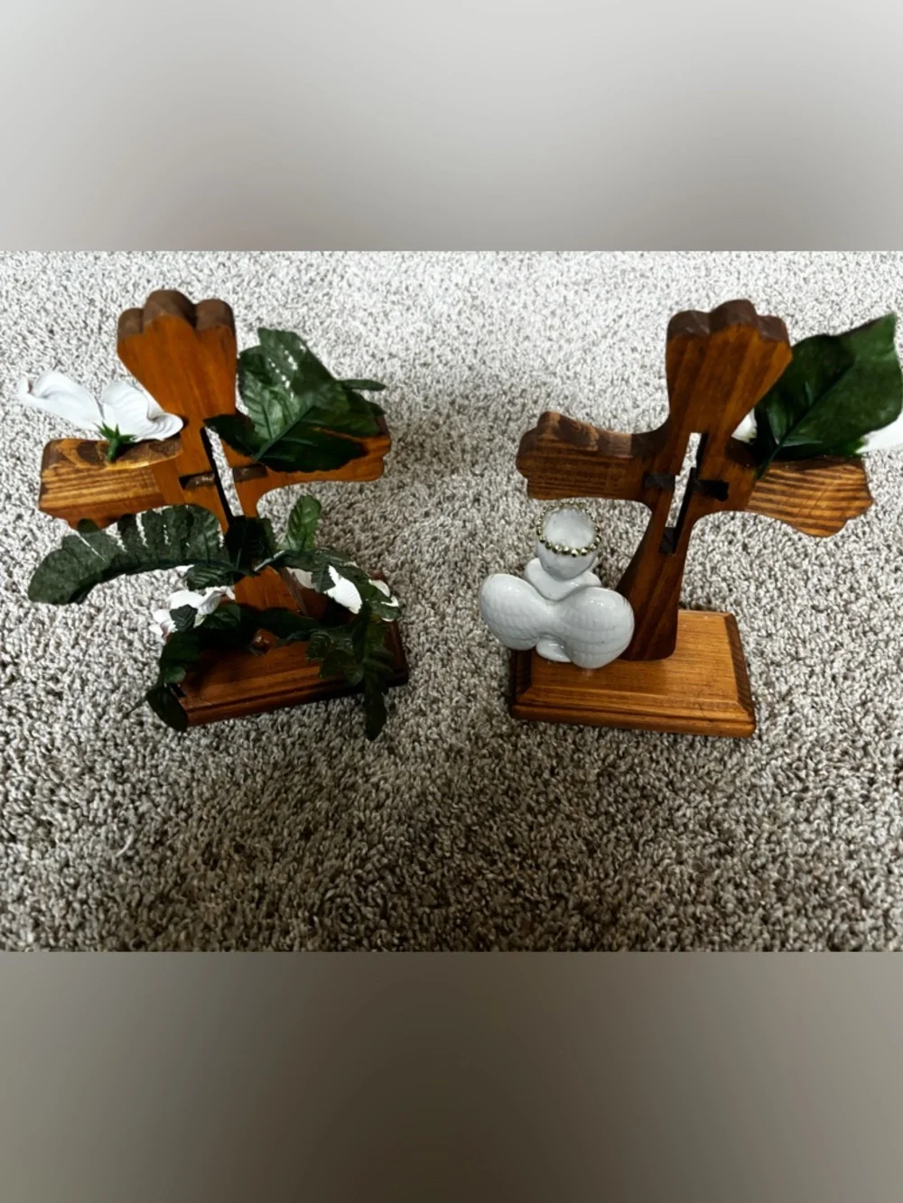 White Floral Dogwood Cross Home Accent - Wooden Base- handmade